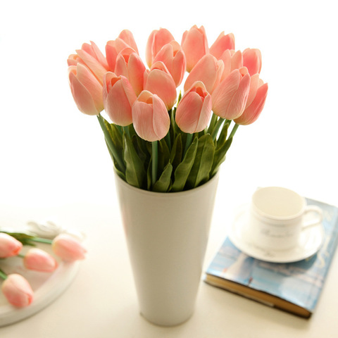 Bouquet artificiel PU de tulipes, 31 pièces/lot, fleurs décoratives et couronnes, pour un véritable toucher, pour un mariage ► Photo 1/1