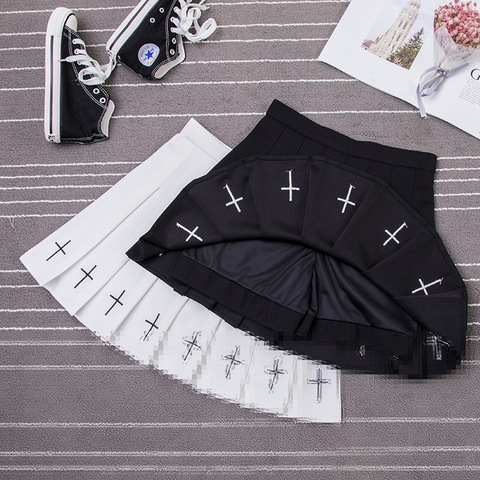 Jupe plissée pour femmes, douce, sensation, taille haute, taille élastique, broderie croisée, noire, 2022 ► Photo 1/6