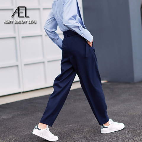 AEL-costume pantalon bleu marine pour femmes, pantalons décontractés, taille haute, avec ceinture ample, pour le bureau, automne ► Photo 1/6