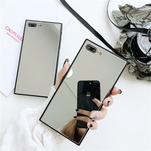 Simple Carré Cosmétique miroir Argenté Anti Chute Étui En Silicone Pour iphone 12 11 Pro 7 8 plus 6 X Xs Max XR Doux Plaine Couverture ► Photo 1/6