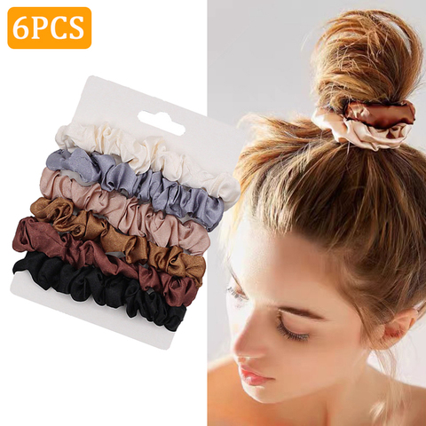 6 pièces femme mode chouchous Satin soie cheveux cravates corde filles porte-queue de cheval élastique bandeau élastique cheveux accessoires ► Photo 1/6