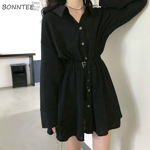 Robe femmes pur col rabattu bouton manches longues recueillir taille élégant mode noir vêtements automne 2022 Hepburn Vestido Chic ► Photo 1/6