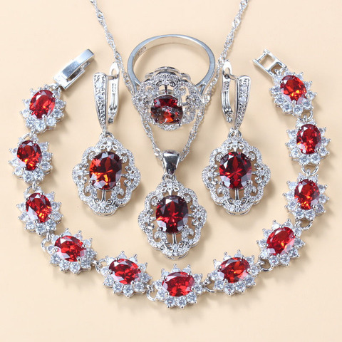 Ensemble de bijoux de mariage en argent 925 pour femmes, accessoires de mariée, grenat rouge, boucles d'oreilles, pendentif, collier, Bracelet et bague, cadeaux ► Photo 1/6