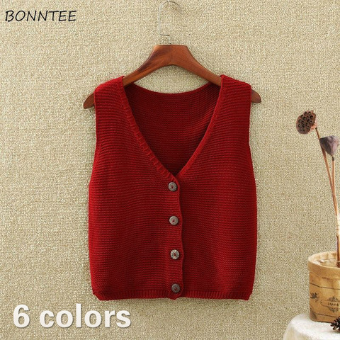 Gilet à simple boutonnage sans manches pour femmes, col en v, tricot, couleur unie coréenne, court, rétro, Streetwear, haut, vêtements chics pour femmes ► Photo 1/6