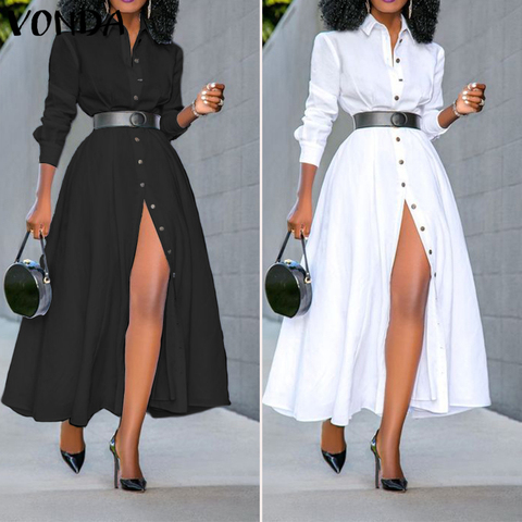 Robe chemise manches longues en vrac 2022 VONDA mode femmes Vintage couleur unie robes OL bureau Sexy fendu partie longue Vestidos 5XL ► Photo 1/6