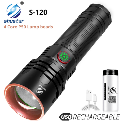 Super lumineux 4-Core P50 LED lampe de poche 4 Modes d'éclairage télescopique Zoom Support une clé pour fermer adapté à l'extérieur ► Photo 1/6
