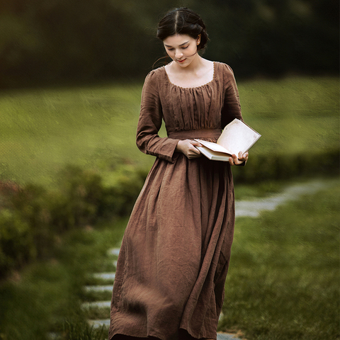 Longue robe en lin café, robe femme, style Vintage, élégante, manches longues, taille haute, printemps automne 100% ► Photo 1/6