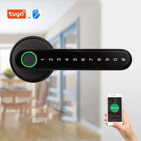 Bluetooth serrure Tuya maison intelligente serrure de porte Wifi TTLock empreinte digitale mot de passe poignée électrique en bois serrure de porte cylindre ue ► Photo 1/6