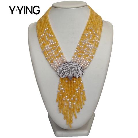 Y · YING 9 brins jaune Jades blanc collier de perles d'eau douce CZ pavé pendentif paon 19.5