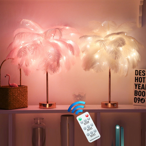 Lampe de Table en plumes avec télécommande, alimenté par piles USB/AA, abat-jour créatif et chaud, idéal pour une chambre ou un mariage ► Photo 1/6