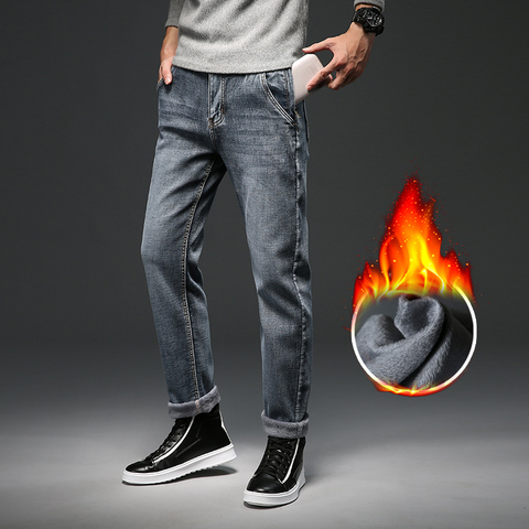 Anti-vol fermeture éclair Design hommes hiver chaud jean gris bleu haute qualité coton coupe étroite Stretch Denim pantalon homme marque pantalon ► Photo 1/6