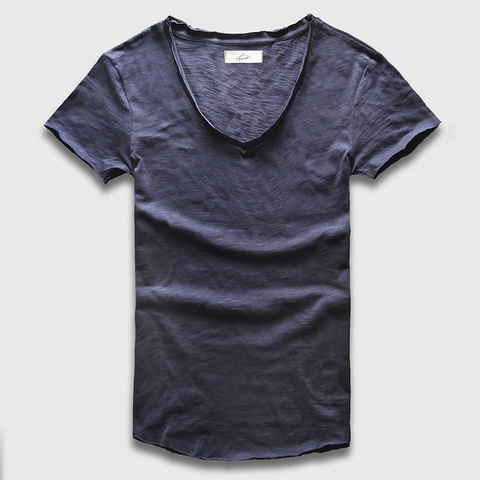 Zecmos profonde V Scoop cou T-Shirt hommes haut basique t-shirts décontracté mâle Slim Fit T Shirt luxe courbé ourlet bleu marine Tee Muscle ► Photo 1/6