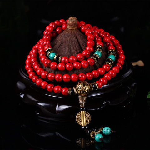 Mala Bracelets de prière bouddhistes, perles de 8MM, pierres de pin rouge, collier de méditation de Yoga, pour femmes et hommes, vente en gros, 108 ► Photo 1/6