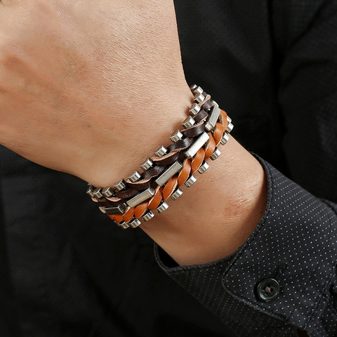 Bijoux masculins à la mode tricotés à la main tressé Bracelet en cuir véritable hommes Punk métal bracelets à breloques bracelets ► Photo 1/6