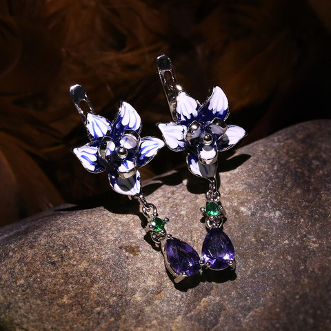 Élégant tempérament élégant fleur émail argent boucles d'oreilles pour les femmes brillant violet Zircon floraison pendentif boucles d'oreilles pendantes ► Photo 1/4