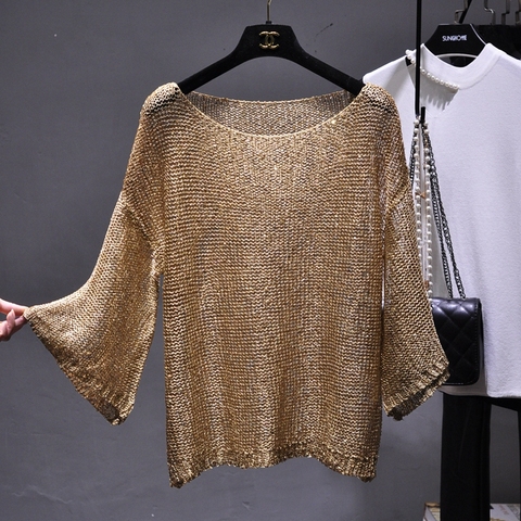 Qooth-pull scintillant à paillettes pour femmes, pull à manches longues col rond, chemise basique dorée, pull à paillettes, hauts en tricot ► Photo 1/6