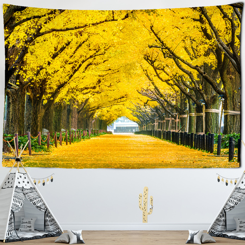 Tenture murale de paysage avec feuilles dorées, couvre-lit, couverture, bohème, tapis de plage, nappes, décoration de maison ► Photo 1/6