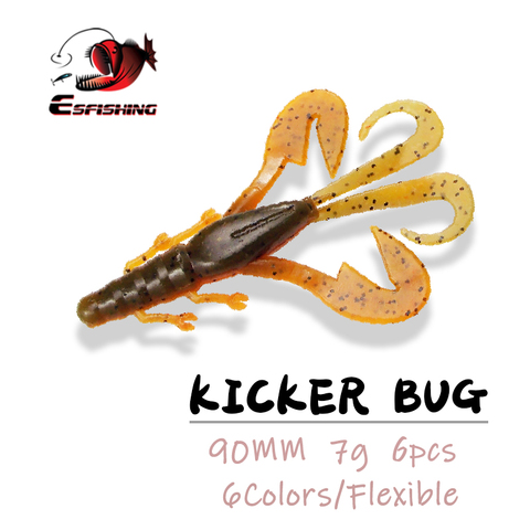 Esfishingpêche leurre souple appât Kicker Bug 6 pièces 90mm 7g pêche en gros leurre souple Wobblers pour la pêche à la traîne briller Silicone appât ► Photo 1/6