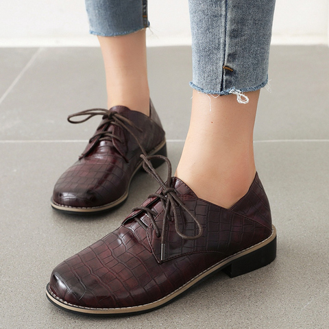 Femmes Flats Oxford Chaussures En Cuir Mocassins Chaussures Dames À Lacets Grande Taille 45 Brogues Vintage Chaussures Oxford Décontractées Pour Les Femmes ► Photo 1/6