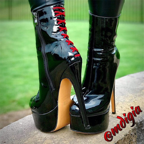 Onlymaker-bottines rondes et fines, 16CM de haut, noires, pour femmes, bottines à bout droit, fermeture éclair sur le côté, tendance, pour fêtes, grande taille, US5 ~ US15 ► Photo 1/6