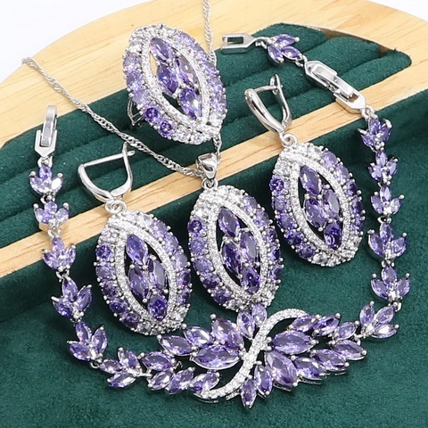 Luxueux violet améthyste 925 en argent Sterling ensemble de bijoux pour les femmes Bracelet boucles d'oreilles collier pendentif anneau cadeau d'anniversaire ► Photo 1/6