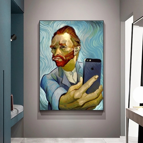 Toile d'art drôle Van Gogh Selfie par téléphone, peinture abstraite Portrait de Van Gogh, affiches et imprimés, images murales pour la décoration de la maison ► Photo 1/6