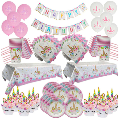 Licorne fête d'anniversaire décoration assiettes jetables nappe premier anniversaire fille fête bébé douche Unicornio fête fournitures ► Photo 1/6