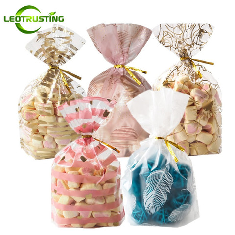 50pcs sacs + fil cravates en plastique cadeaux emballage pochettes anniversaire fête de mariage boulangerie biscuits Snack Biscuit bonbons pop-corn poches ► Photo 1/6