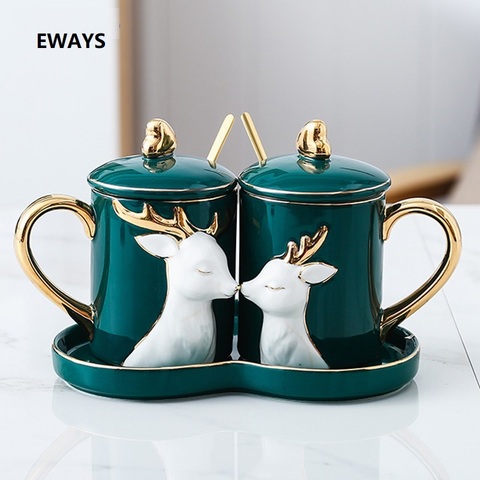 EWAYS 2 pièces/ensemble créatif en céramique Couple tasse amour tasse avec cuillère plateau couvercle saint valentin cadeaux d'anniversaire de mariage avec boîte-cadeau ► Photo 1/6