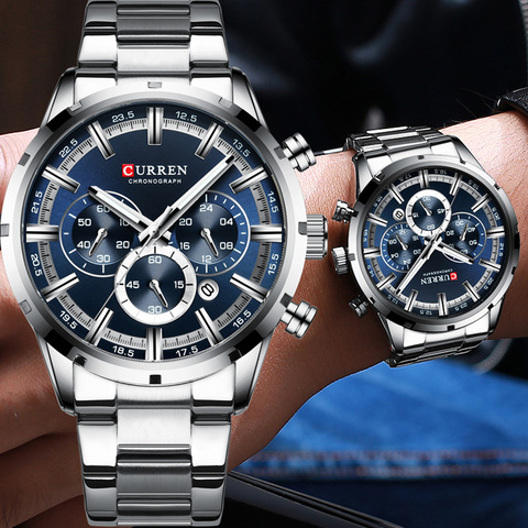 CURREN – montre-bracelet de Sport pour homme, chronographe étanche, marque de luxe, en acier inoxydable, bleu, militaire, 8355 ► Photo 1/6