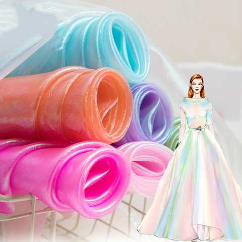 Tissu de tulle organza couture colorée | Tissu de tulle Laser, fil de verre organza, maille de couture colorée, fil Fluorescent, vêtements de scène en mousseline de soie transparent ► Photo 1/5