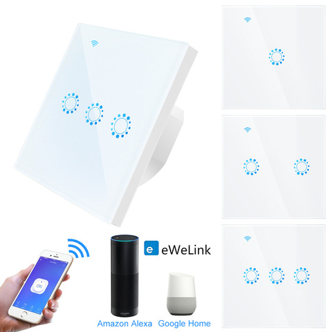 Interrupteur mural tactile intelligent, wi-fi, 1/2/3 boutons, standard ue, pour luminaire, panneau en verre, commande sans fil Ewelink, compatible avec Alexa et Google Home ► Photo 1/6