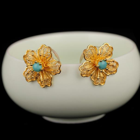 Boucles d'oreilles en filigrane Turquoise pour femmes, bijoux de styliste Original, style chinois rétro, breloque unique, marque de luxe, en argent ► Photo 1/6