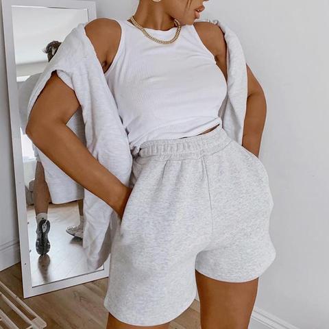 Short de sport décontracté pour femmes, couleur unie, taille élastique, jambes larges, poches inclinées, survêtement d'entraînement ► Photo 1/6