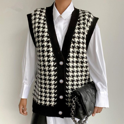 Gilet Cardigans automne hiver col en v pied de poule 2022 décontracté noir sans manches pull femmes en vrac tricoté mode pull gilet ► Photo 1/6