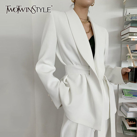 Deuxtwinstyle élégant Blazer blanc pour femmes cranté à manches longues tunique ceintures solide minimaliste Blazers femme mode nouveau printemps ► Photo 1/6