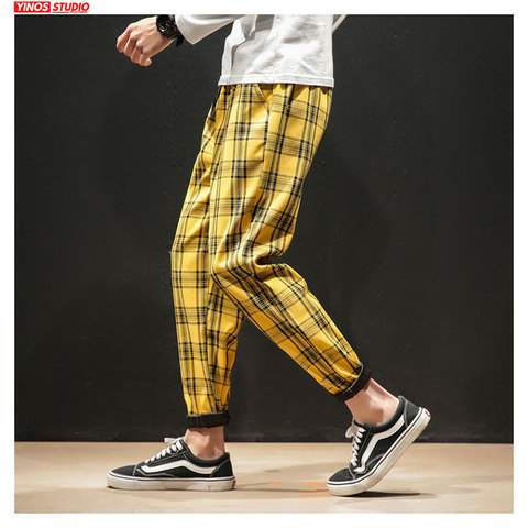 Livraison directe japonais Streerwear hommes Plaid pantalon 2022 automne mode mince homme pantalon décontracté coréen mâle Harem pantalon ► Photo 1/6