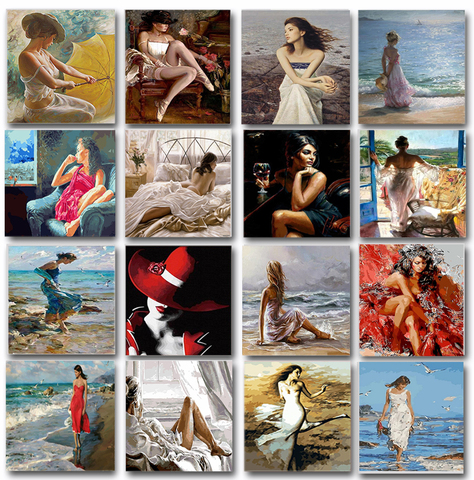 Peinture par numéros femme ensemble peinture acrylique pour adultes mer Figure toile 50x65 bricolage cadre dessin coloriage par numéros décoration ► Photo 1/6