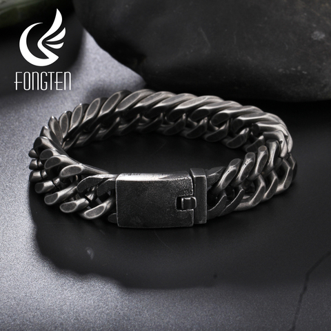 Fongten-Bracelet noir rétro pour hommes, à chaîne en acier inoxydable cubain, large, bijoux à la mode pour hommes ► Photo 1/6
