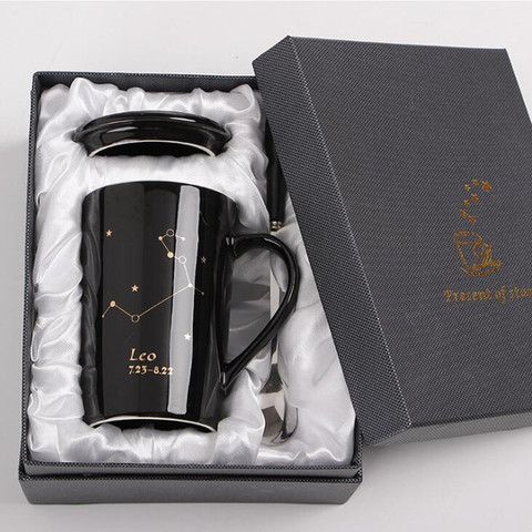 Avec boîte-cadeau 12 Constellations tasses en céramique créatives avec couvercle cuillère porcelaine noir et or zodiaque lait tasse à café 400ML eau ► Photo 1/5