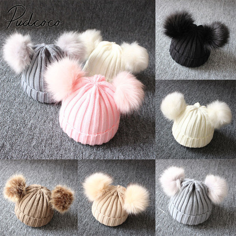 2022 nouveau-né bébé enfants filles garçons hiver chaud tricot chapeau fourrure boules pompon solide chaud mignon belle bonnet cadeaux ► Photo 1/6