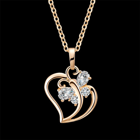 Collier et pendentif en forme de cœur et de papillon pour femmes, Vintage, couleur or, chaîne ras du cou à la mode, bijoux en zircone cubique ► Photo 1/3