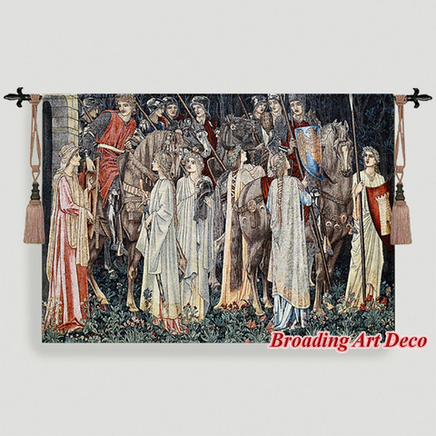 Tapisserie murale médiévale, armement et départ des chevaliers, William Morris, saint graal, Jacquard, 140x98cm ► Photo 1/6