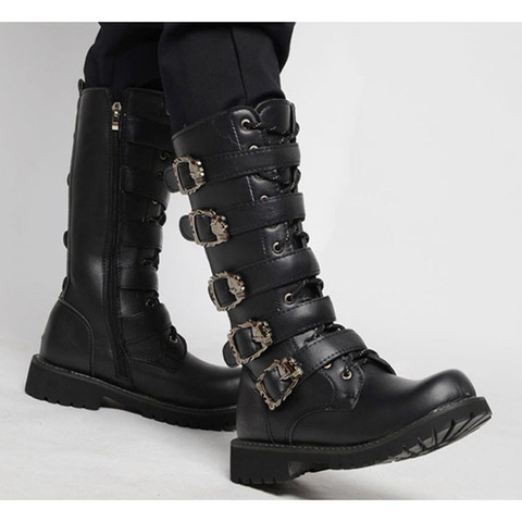 Hommes cuir moto bottes mi-mollet militaire Combat bottes gothique ceinture Punk bottes hommes chaussures tactique armée botte 2022 ► Photo 1/5