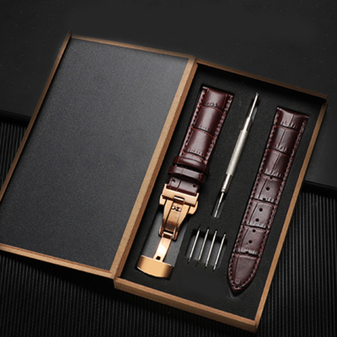 Bracelet motif bambou bracelet en cuir véritable bracelet de montre avec Double presse papillon boucle montres accessoires 12-24mm ► Photo 1/4