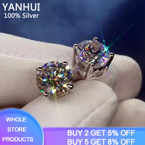 YANHUI Solitaire 1.0ct/2.0ct Lab boucle d'oreille en diamant véritable 925 bijoux en argent Sterling fiançailles boucles d'oreilles de mariage pour femmes hommes ► Photo 1/6