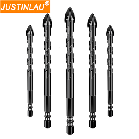 JUSTINLAU 6Pc tungstène acier verre foret ensemble alliage carbure Point avec 4 bords de coupe tuile verre croix lance tête forets ► Photo 1/6