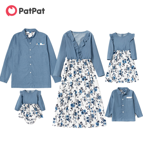 PatPat 2022 nouveau printemps famille correspondant Denim ensembles robe de soirée (volants floraux col en v robes-solide bouton avant chemises-barboteuses) ► Photo 1/5