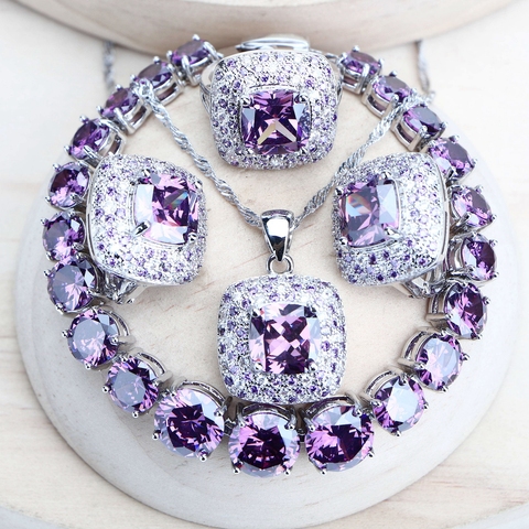 Ensemble de bijoux de mariée en zircon violet pour femmes, argent 925, bijoux de Costume fins, bijoux de mariage, boucles d'oreilles, bagues, Bracelets, pendentif, collier ► Photo 1/6