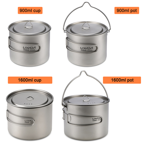 Lixada 900ml / 1600ml titane tasse Pot ultra-léger Portable tasse avec couvercle et poignée pliable en plein air Camping randonnée sac à dos ► Photo 1/6